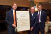 Left to Right: Jamie Nicholson (author of scroll), Robert Clay, Chapman Hopkins (Thoroughbred Club President). Jamie and Chapman present Robert Clay his Testimonial scroll at the TCA Annual dinner. 11-15-25. Photo by Bill Straus. Copyright 2025