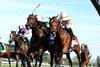 Expensive Queen (outside) and Segesta dead heat to win the Jenny Wiley Stakes on Saturday, April 11, 2026 at Keeneland