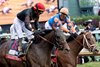 Kentucky Derby presented by Woodford Reserve, (G1) winner Jose Ortiz, aboard Golden Tempo, left, looks over to second-place finisher brother, Irad Ortiz Jr., on Renegade, right, after crossing the finish line at Churchill Downs in Louisville, Ky., on May 2, 2026.