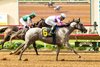 Reddam Racing’s She’s No Quant and Juan Hernandez , outside, catch favored Mohaven (Emisael Jaramillo), inside, to win the $150,000 Fleet Treat Stakes Friday, July 27, 2026 at Del Mar Thoroughbred Club, Del Mar, CA. The three-year-old daughter of Pavel is trained by Edward Freeman.
Benoit Photo