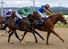 Ile De France (right) and Wayne Lordan winning the 1m maiden from Moliere.
Dundalk Stadium.
Photo: Patrick McCann/Racing Post
15.08.2026