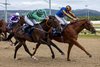 Ile De France (right) and Wayne Lordan winning the 1m maiden from Moliere.
Dundalk Stadium.
Photo: Patrick McCann/Racing Post
15.08.2026