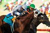 King of Gosford and jockey Umberto RIpoli, left outleg El Potente (Hector Berrios), right to win the Grade II, $300,000 Del Mar Mile, Saturday, August 22, 2026 at Del Mar Thoroughbred Club, Del Mar CA.
© BENOIT PHOTO