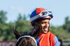Ricardo Santana Jr. celebrates after winning the Forego Stakes (G1) atop Hymn at Saratoga Race Course in Saratoga Springs, NY., on Aug. 29, 2026.