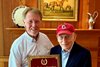 Gardner "G.D." Hieronymus (left) presents Dr. Robert Copelan his Racing Hall of Fame plaque as a 2026 Pillar of the Turf inductee
