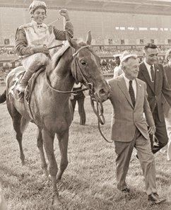 Owner John Galbreath leads Little Current and a jubilant Miguel Rivera to the winner's circle after their win in the 1974 Preakness Stakes at Pimlico Race Course