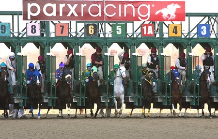 Horses break from the gate at Parx Racing
