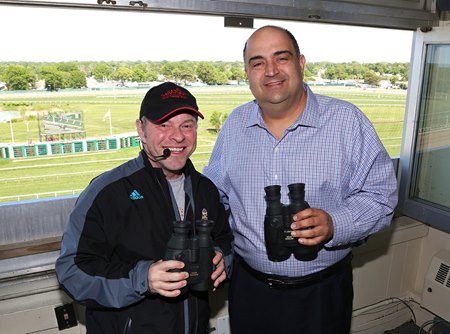 (L-R): Announcers Larry Collmus and Frank Mirahmadi, who between them will call the Triple Crown this year on national television