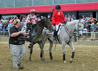 Javier Castellano on his way to the winners' circle, after winning the 142nd Preakness Stakes on Cloud Computing
