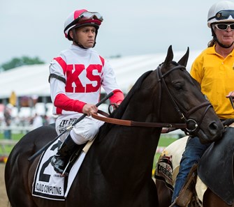 Cloud Computing with jockey Javier Castellano in the post parade on the way to the win the 142nd running of the Preakness Stakes Saturday May 20, 2017 at Pimlico Race Course in Baltimore, MD.  