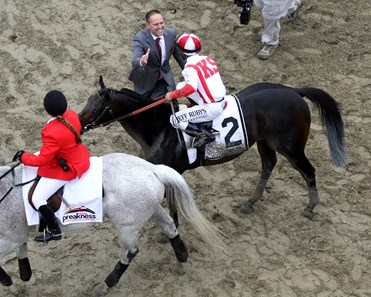 Chad Brown congratulates Javier Castellano after Cloud Computing won the 142nd Running of the Preakness Stakes at Pimlico on May 20, 2017. 