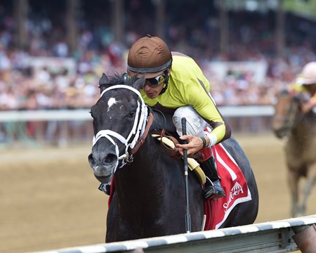 Pure Silver pulls away in the stretch to win the Adirondack Stakes