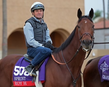 Jockey Kent Desormeaux aboard two-time Breeders' Cup Sprint winner Roy H in 2017 at Del Mar