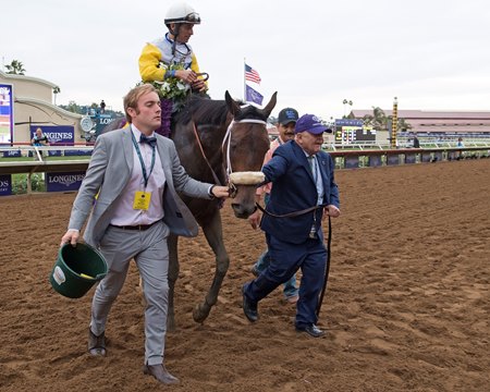 Charles Fipke (right) walks his homebred Forever Unbridled into the winner's circle after John Velazquez guided her to victory in the 2017 Breeders' Cup Distaff at Del Mar