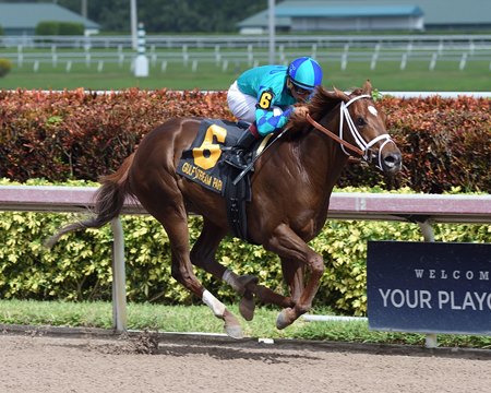 Strike Power wins the 2018 Swale Stakes at Gulfstream Park