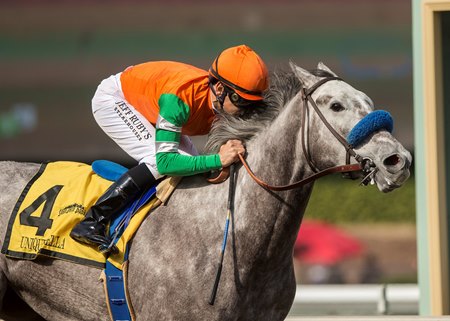 Unique Bella wins the Santa Maria Stakes by nine lengths