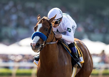 Justify on his way to victory in the 2018 Santa Anita Derby at Santa Anita Park