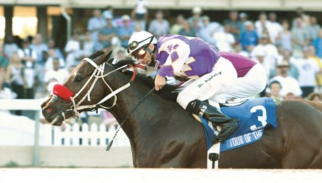 Tour of the Cat defeats Burning Roma in the Richter Scale Breeders&#39; Cup Handicap. 