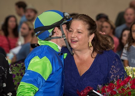 Samantha Siegel celebrates in the winner's circle with jockey Joe Talamo after winning the 2018 Real Good Deal Stakes at Del Mar