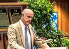 Arthur Hancock III, grandson accepts the Hall of Fame   Pillar of the Turf plaque for his grandfather Arthur B. Hancock Sr. at the induction ceremony held at the Finney Pavilion of the Fasig-Tipton Sales Company Friday Aug. 3, 2018 in Saratoga Springs, N.Y. 