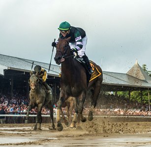 Diversify winning the 2018 Whitney Stakes at Saratoga Race Course