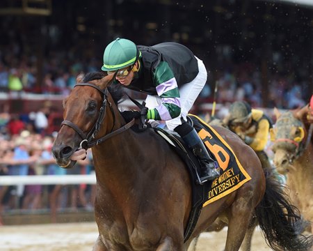 Diversify wins the 2018 Whitney Stakes at Saratoga Race Course