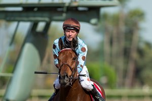 Jockey Tyler Baze guides Epical to the winner's circle after their victory in the G2, $200,000 San Luis Stakes, Friday, March 29, 2019 at Santa Anita Park, Arcadia CA