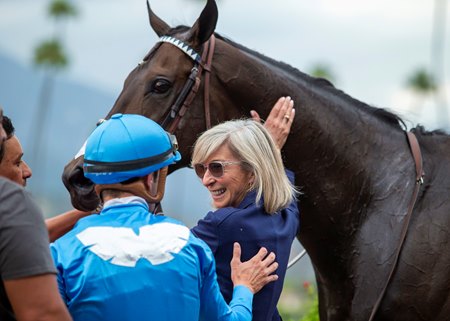 Carla Gaines is all smiles after trainee Bolo's victory in the 2019 Shoemaker Mile at Santa Anita Park