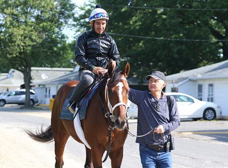Trainer Jason Servis (right) with Maximum Security in June 2019 at Monmouth Park 
