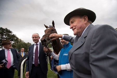 Kevin Prendergast, with Madhmoon after winning the  Champions Juvenile Stakes at Leopardstown