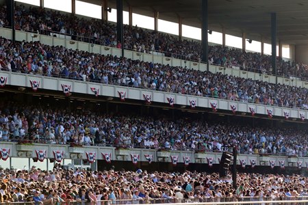 Fans gather in the stands in 2019 at Belmont Park 