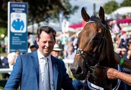 Trainer Charlie Hills with Battaash after winning the 2019 Nunthorpe Stakes at York Racecourse