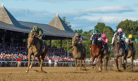 Code of Honor leads home the 2019 Travers Stakes field in front of a full grandstand at Saratoga Race Course