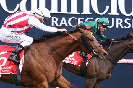 Super Seth wins the 2019 Caulfield Guineas at Caulfield Racecourse