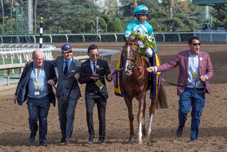 Steve Cohen (left) and other connections of Uni head to the winner's circle after the 2019 Breeders' Cup Mile at Santa Anita Park