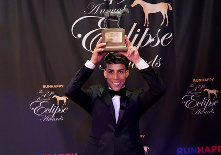 Irad Ortiz Jr. with his 2019 Eclipse Award