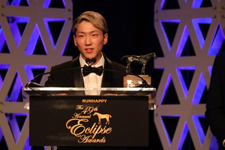 Jockey Kazushi Kimura accepts the 2019 Eclipse Award as outstanding apprentice jockey at a ceremony at Gulfstream Park