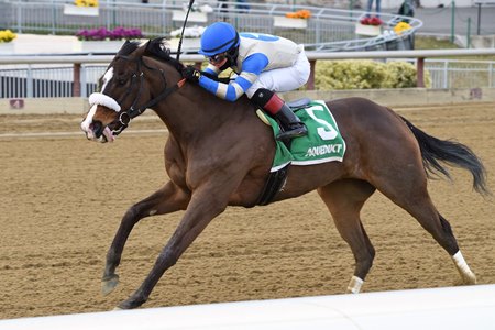 Kept True winning the 2020 Broadway Stakes at Aqueduct Racetrack