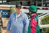 Trainer Mike Puype, left, celebrates with jockey Flavien Prat, right, in the winner&#39;s circle after Ward &#39;n Jerry&#39;s victory in the Grade III, $100,000 San Luis Stakes, Saturday, March 21, 2020 at Santa Anita Park, Arcadia CA.
&#169; BENOIT PHOTO