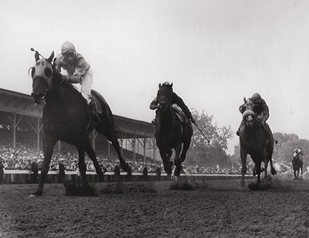 Bold Ruler wins the 1957 Preakness Stakes at Pimlico Race Course