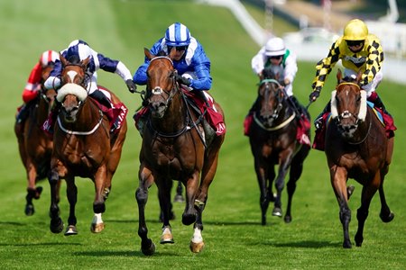 Battaash (blue and white cap) wins the 2020 King George Qatar Stakes at Goodwood Racecourse