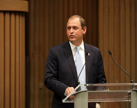 Rep. Andy Barr speaking in support of the Horseracing Integrity and Safety Act Aug. 31 at Keeneland