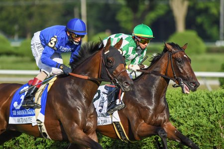 Antoinette (outside) gets by Enola Gay on her way to victory in the Saratoga Oaks Invitational Stakes