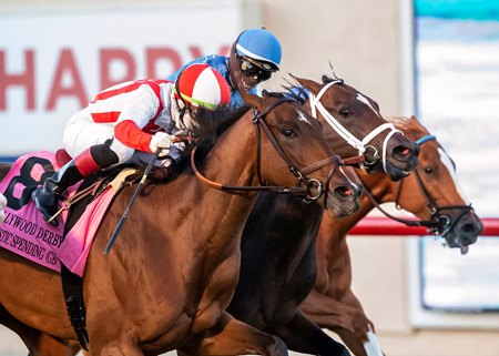 Domestic Spending (outside) gets his head down to win the Hollywood Derby at Del Mar
