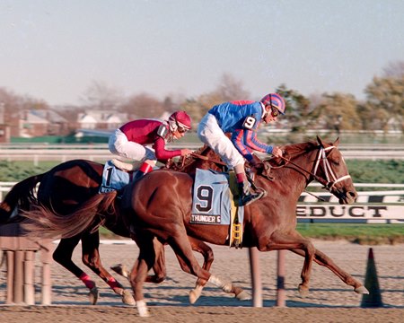 Thunder Gulch gets up to win the 1994 Remsen Stakes at Aqueduct Racetrack