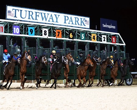 Horses break from the gate at Turfway Park