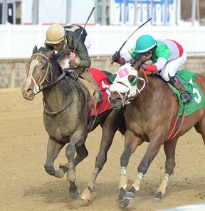 Wendell Fong (outside) wins the Fire Plug Stakes at Laurel Park