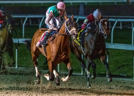 Mandaloun wins the Risen Star Stakes at Fair Grounds Race Course