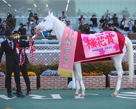 Sodashi in the winner's circle after her victory in the Oka Sho at Hanshin Racecourse 