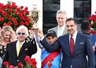 Trainer Bob Baffert (L), Jockey John R. Velazquez and Owner Amr Zedan (R), celebrate with the trophy after Medina Spirit ridden by jockey John R. Velazquez won the 147th Kentucky Derby (G1) at Churchill Downs, Saturday, May 1, 2021 in Louisville, KY.